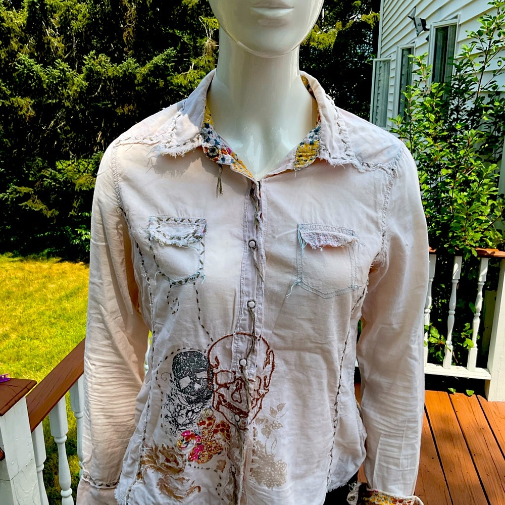 Miss Me Women's Button Down Shirt with Skull Design - /Vintage.